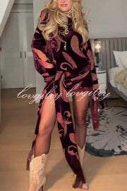 Night Out Velvet Paisley Print Long Sleeve Tie-up Tassel Loose Mini Dress