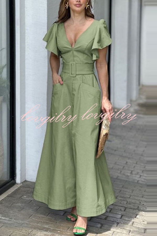 Ruffle Sleeve V Neck High Waist Pocket Maxi Dress