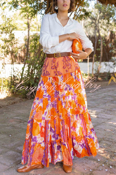 Resort Style Floral Print Elastic Waist Loose Stitching Maxi Skirt
