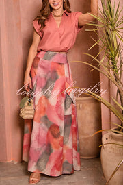 Laylin Wide Sleeve Shirt and Watercolor Print High Waist Drape Pocket Maxi Skirt Set