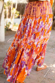 Resort Style Floral Print Elastic Waist Loose Stitching Maxi Skirt
