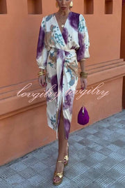 Luxury Party Satin Tie-dye Print V-neck Long Sleeve Shirt