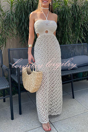 Sunset Beach Stroll Knit Texture Cutout Detail Halter Stretch Maxi Dress