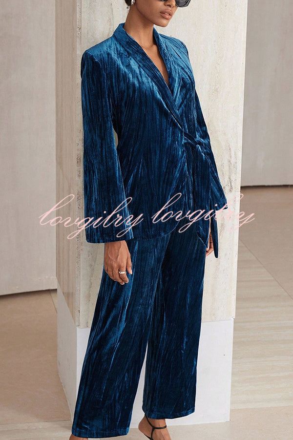 Solid Color Velvet Pleated Long-sleeved Tie Top and Casual Pocket Straight-leg Pants Set