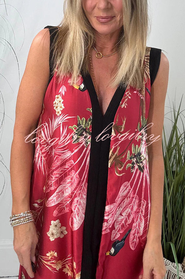 Vanna Unique Tropical Print Black Patchwork Detail A-line Maxi Dress