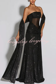 Paula Sequined Mesh and Jersey Off Shoulder Ruched Knot Drape Shawl Maxi Dress