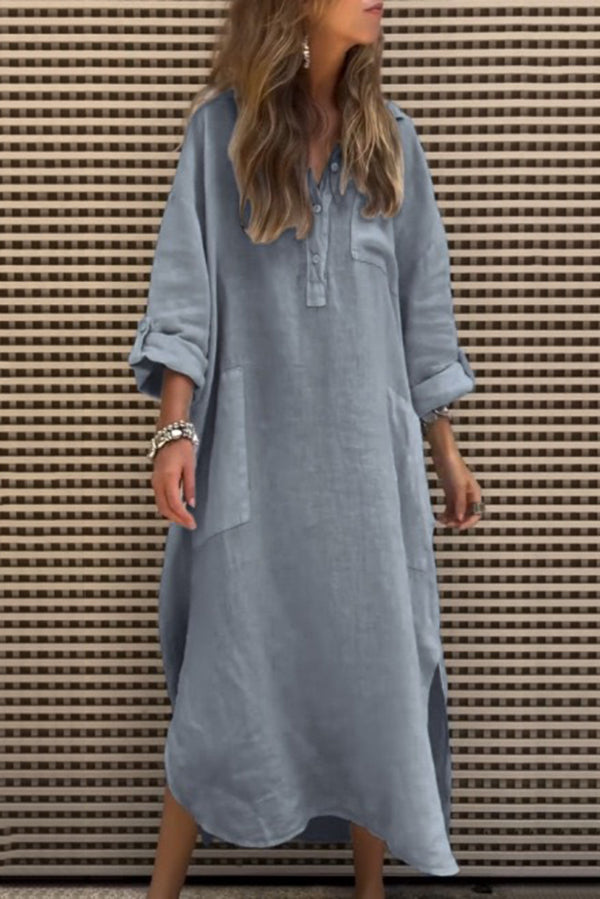 Solid Color Casual Button Pockets Irregular Hem Maxi Dress