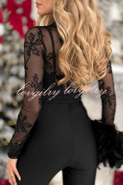 Must-have for Date Mesh Embroidery High Neck Long Sleeve Stretch Top