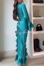 Elegant Satin One Shoulder Sleeve Pleated Ruffles Trim Ruched Asymmetrical Maxi Dress