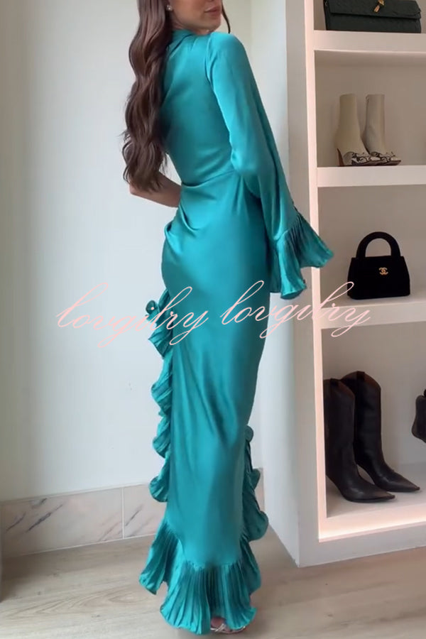 Elegant Satin One Shoulder Sleeve Pleated Ruffles Trim Ruched Asymmetrical Maxi Dress