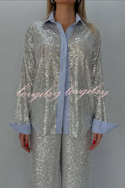 Fashion Sequined Loose Long-sleeved Shirt and Casual Elastic Waist Wide-leg Pants Set