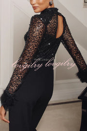Aerie Sequin Embellished Mock Neck Long Sleeve Feather Cuff Flare Jumpsuit