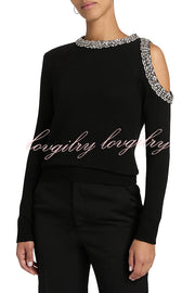Holiday Party Knit Crystal-Embellished Cut-out Shoulder Long Sleeve Top