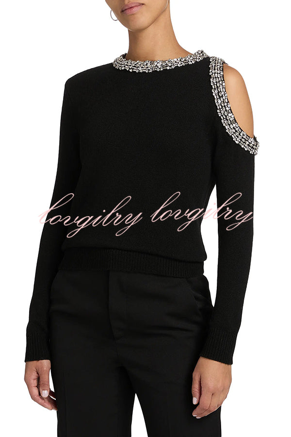 Holiday Party Knit Crystal-Embellished Cut-out Shoulder Long Sleeve Top