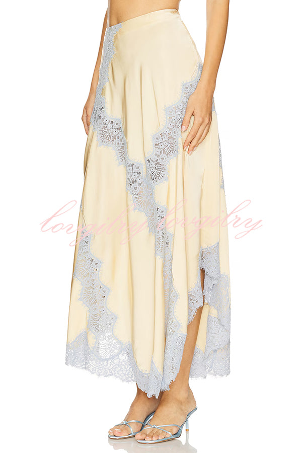 Wine Tasting Contrast Color Satin Lace Trim Irregular Hem Drape Midi Skirt