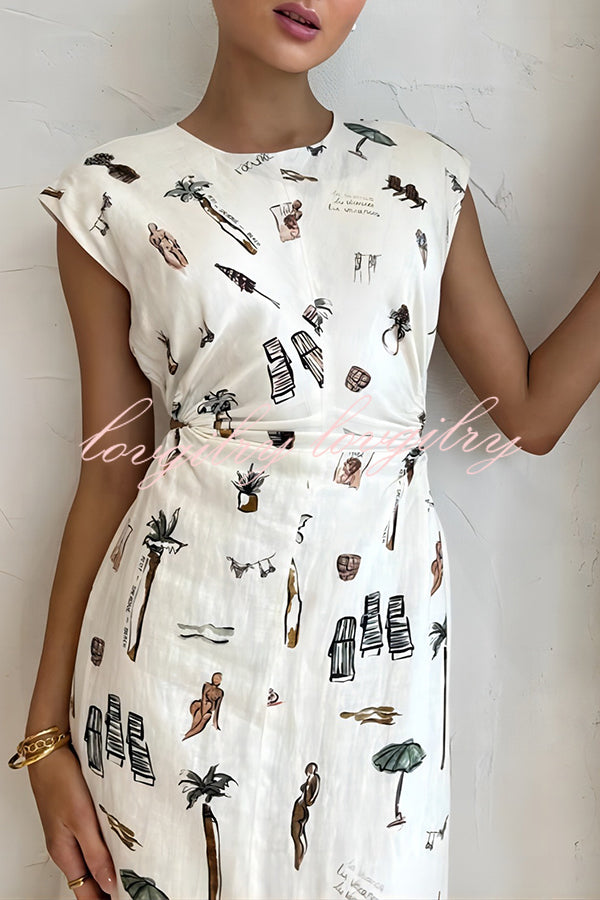 Round Neck Unique Printed Cutout Elastic Waist Short Sleeve Maxi Dress