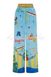 Vacation Flights Satin Unique Print Elastic Waist Pocketed Wide Leg Pants