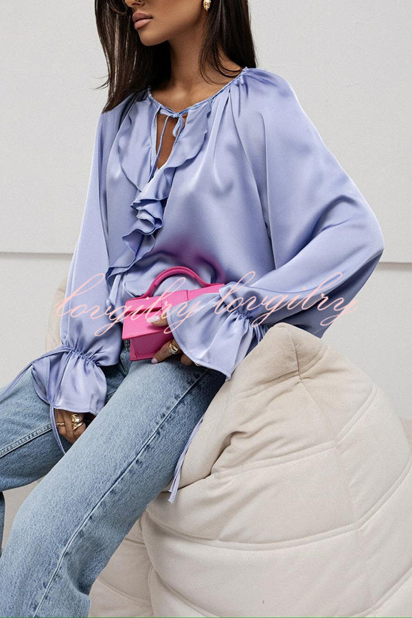 Satin Solid Color V-neck Tie Ruffle Casual Shirt