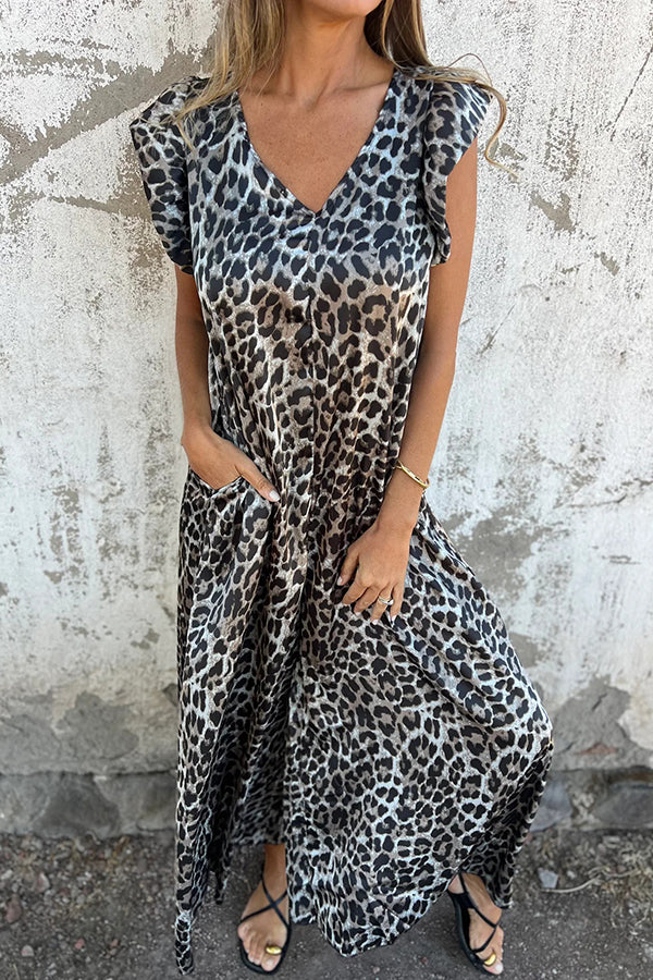 Leopard Print V-neck Backless Lace-up Loose Pocket Wide-leg Jumpsuit