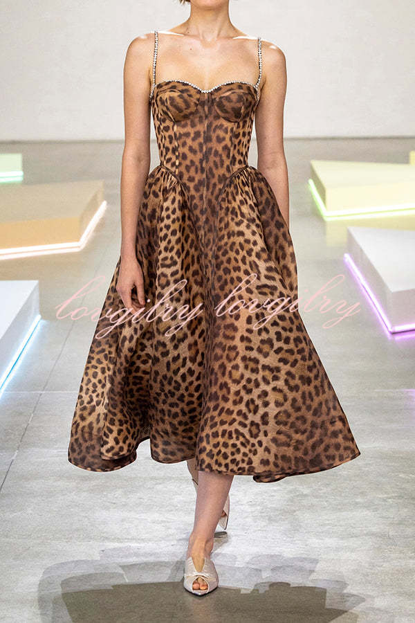 Unleash Your Wild Leopard Rhinestone Trim Back Smocked Midi Dress