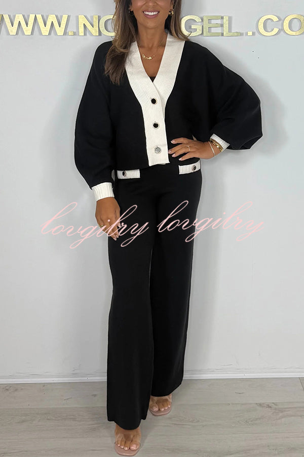 Fashion Contrast Color V-neck Loose Cardigan and Elastic Waist Casual Pants Set