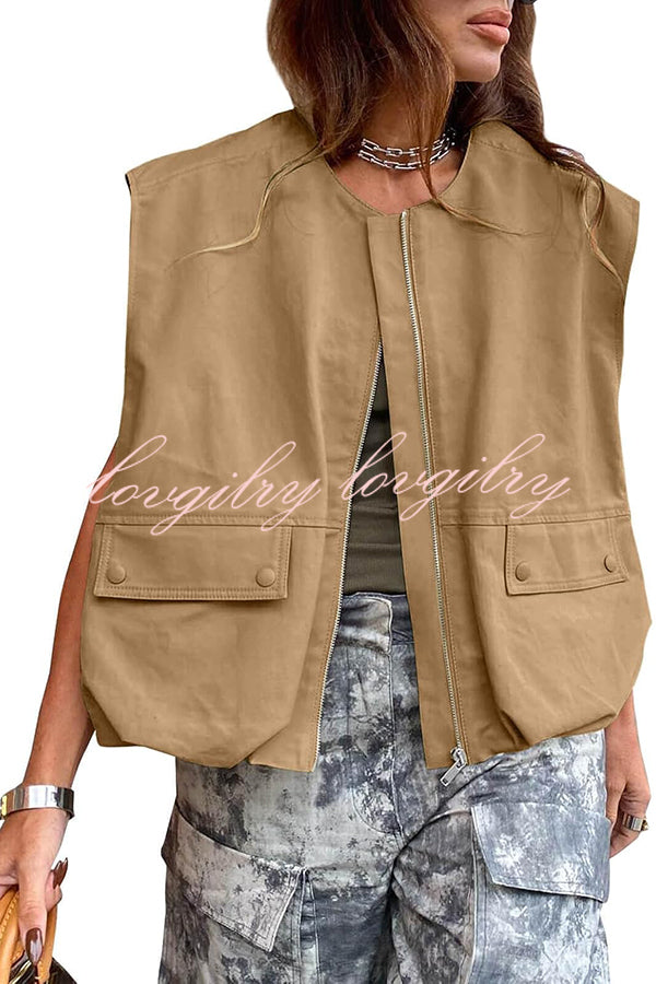 Fashion Zipper Sleeveless Pocket Loose Vest Jacket