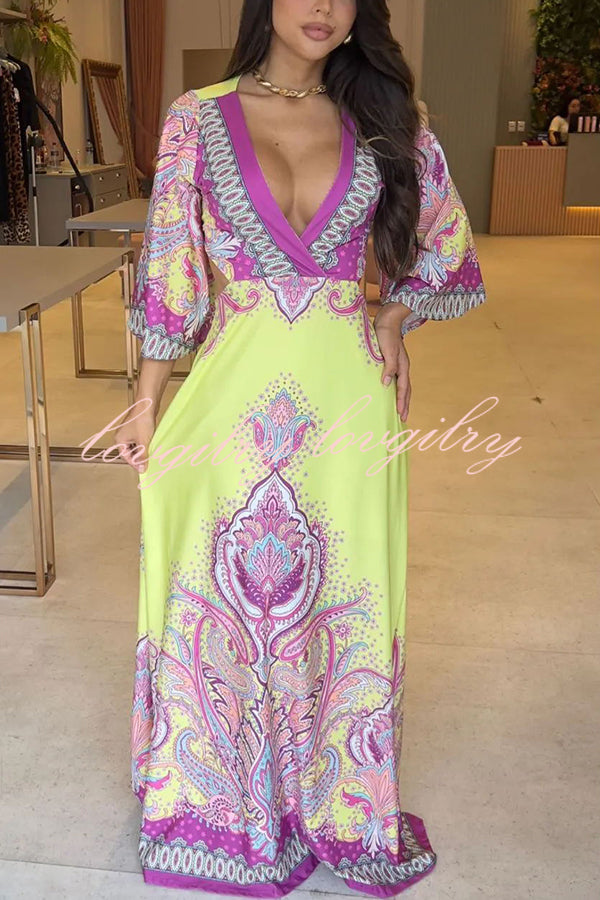 Stand Out and Shine Palace Style Print Bell Sleeve Backless Vacation Maxi Dress