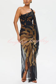 Unique Print Sexy One Shoulder Slim High Slit Maxi Dress
