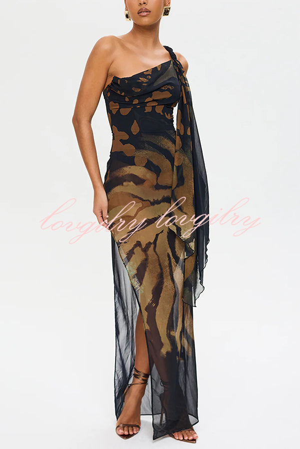 Unique Print Sexy One Shoulder Slim High Slit Maxi Dress