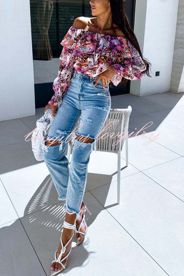 Colorful Botanical Print Sexy Off-shoulder Ruffle Top