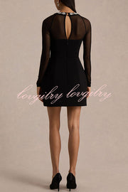 Emmey Jewel Embellished Trim Square-Neck Mesh Long Sleeve Mini Dress