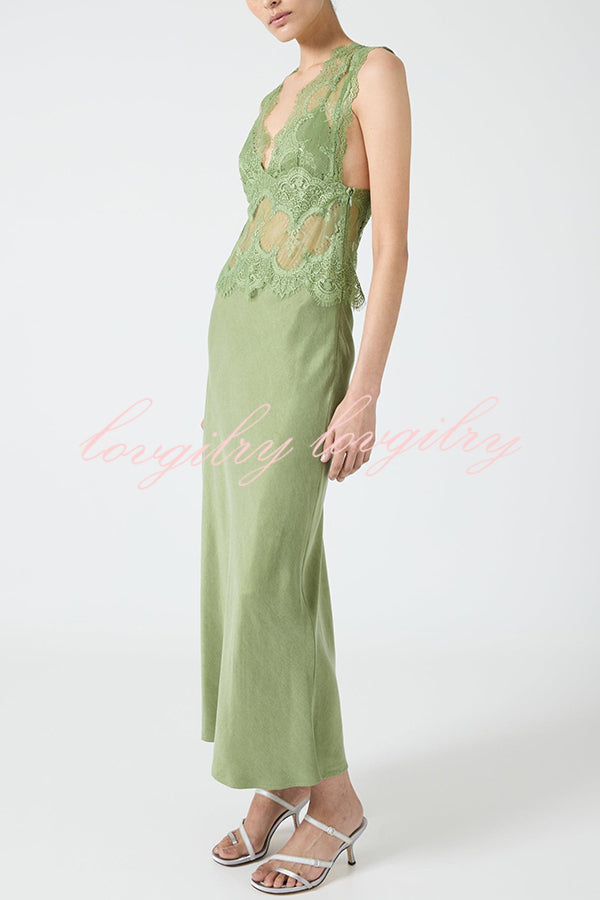 Wonderful Fusion Satin Lace Trim See-through Waist V-neck Drape Maxi Dress
