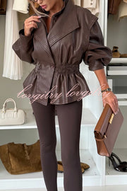 Play It Cool Faux Leather Single Button Elastic Waist Lapel Moto Jacket