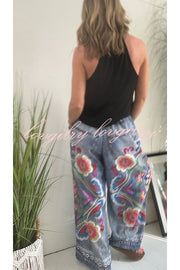 Hippie Style Unique Floral Denim Print Elastic Waist Pocket Wide Leg Pants