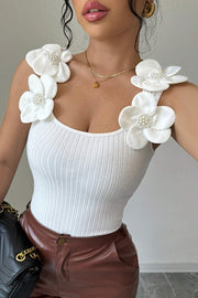 Fashionable 3D Flower Decorated Casual Slim Fit Sleeveless Top