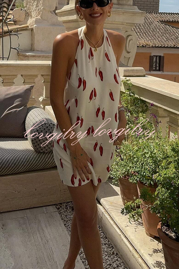 Spicy Summer Chili Pepper Unique Print Soft Fabric Halter Loose Mini Dress