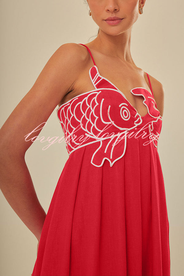 Red Fish Embroidered Sling Backless Maxi Dress