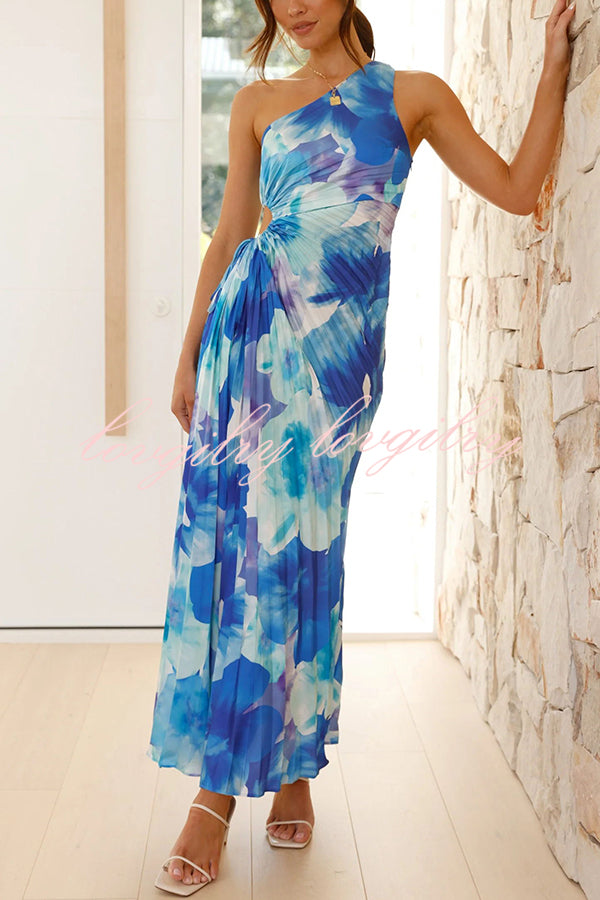 Laken Floral Print One Shoulder Adjustable Tie Cutout Pleated Maxi Dress