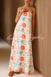 Unique Print Strapless Open Back Full Hem Maxi Dress