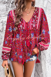 Intricate Floral Print V Neck Lace Up Paneled Long Sleeve Shirt