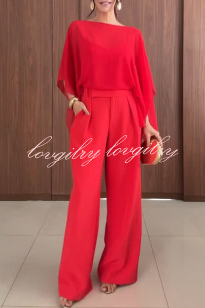 Vanie Chiffon Cape Batwing Sleeve Top and High Waist Pocket Wide Leg Pants Set
