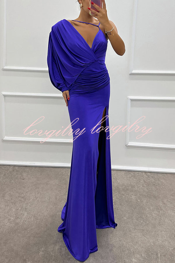 Like Venus One Shoulder Bat Sleeve Ruched Detail Slit Gown Maxi Dress