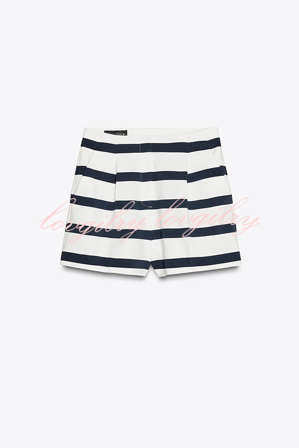 Logbook Stripe Button Shoulder T-Shirt and High-Rise Pocketed Loose  Shorts Set