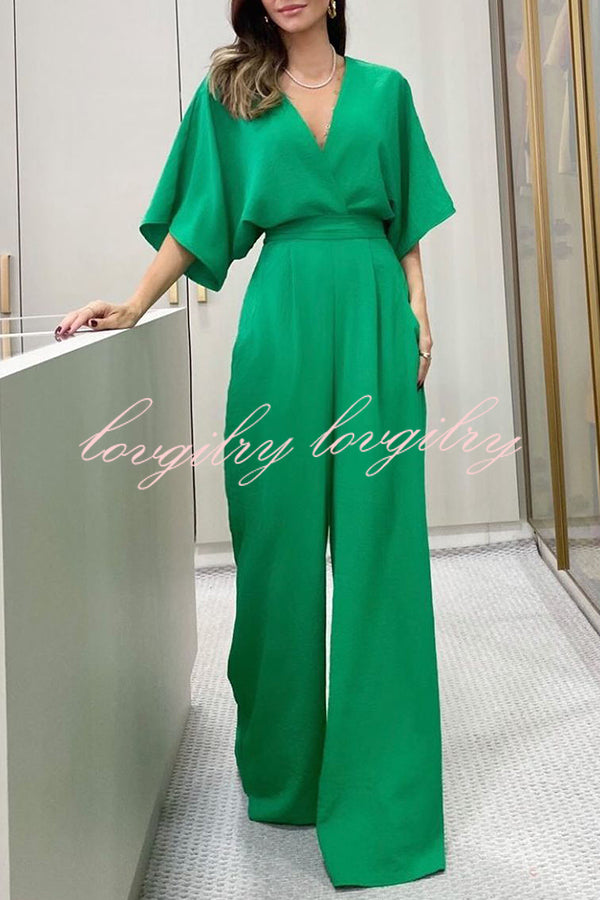 Esther Kimono Sleeve Elastic Waist Pocketed Wide Leg Jumpsuit