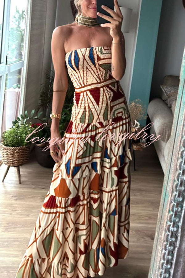 Bohemian Style Unique Print Tube Top Pleated Maxi Dress