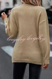 Solid Color V Neck Cross Jacquard Long Sleeved Sweater