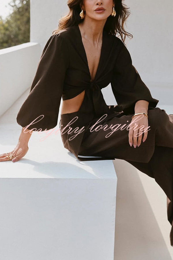 Lets Go Out Linen Blend Balloon Sleeve Wrap Tie-up Loose Top