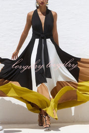 Fashion Colorblock Sexy Backless Tie Waist Full Hem Maxi Dress