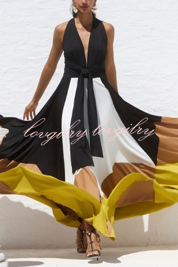 Fashion Colorblock Sexy Backless Tie Waist Full Hem Maxi Dress