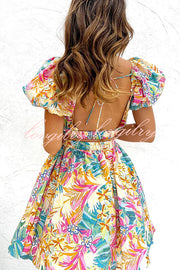 How Sweet Floral Puff Sleeve Cutout Elastic Waist Mini Dress